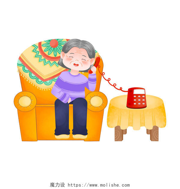 老人沙发打电话聊天奶奶开心愉快闲聊通电话桌子通话PNG素材打电话的人
